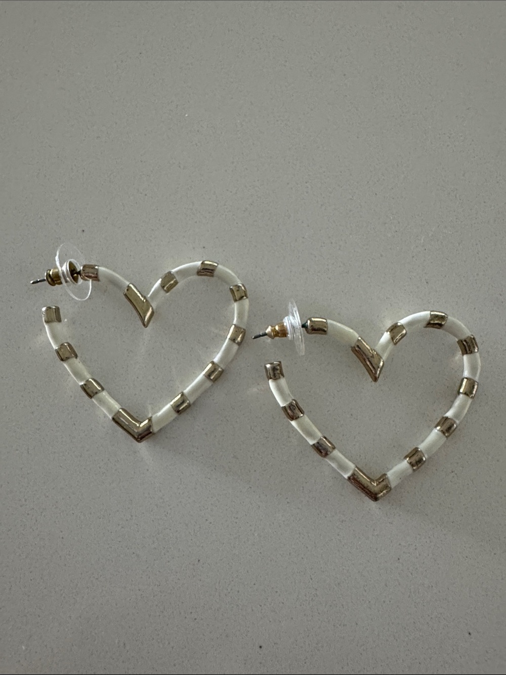 JCrew Heart Hoop Earrings in White and Gold